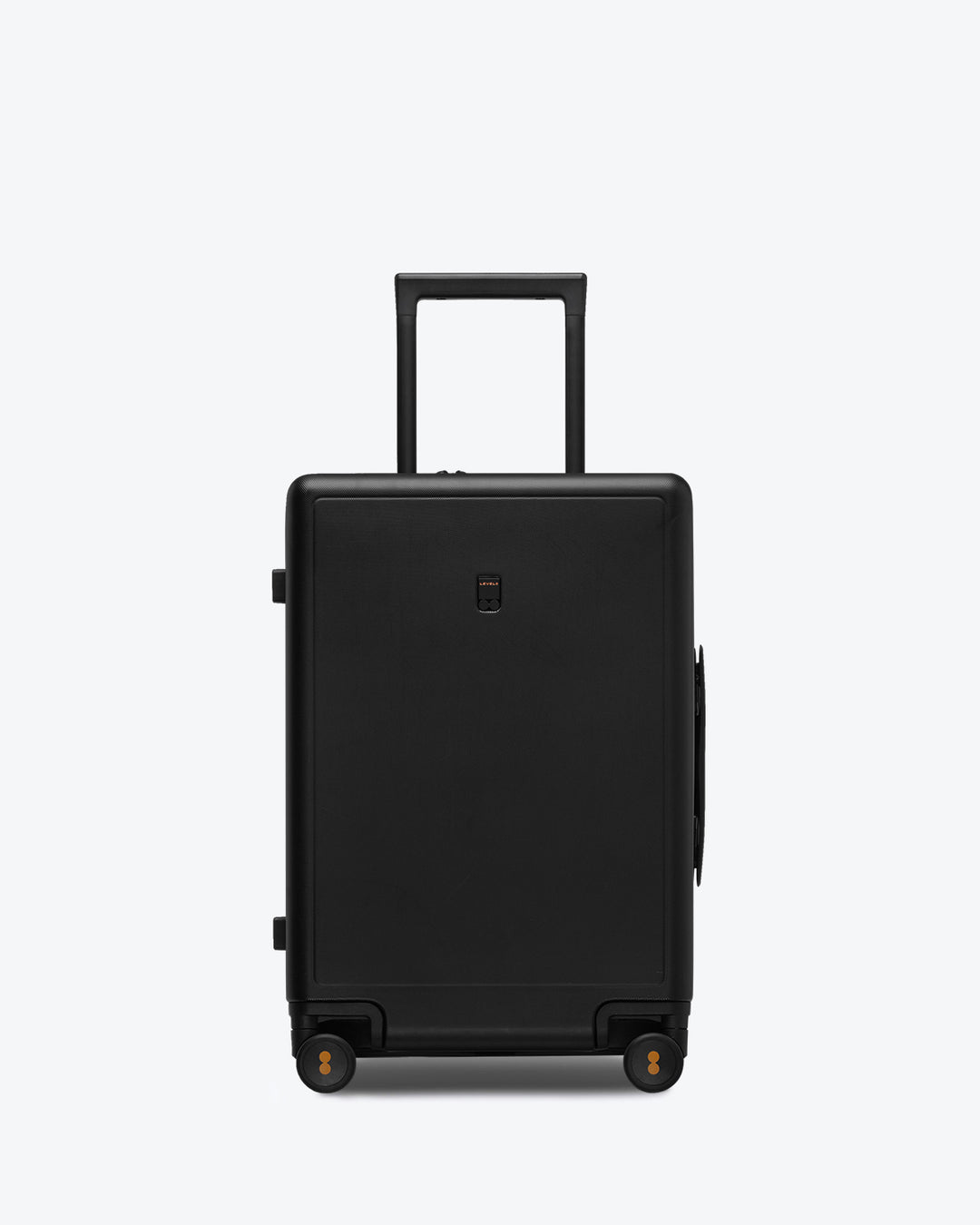 A black, textured carry-on luggage with a telescopic handle and four spinner wheels.