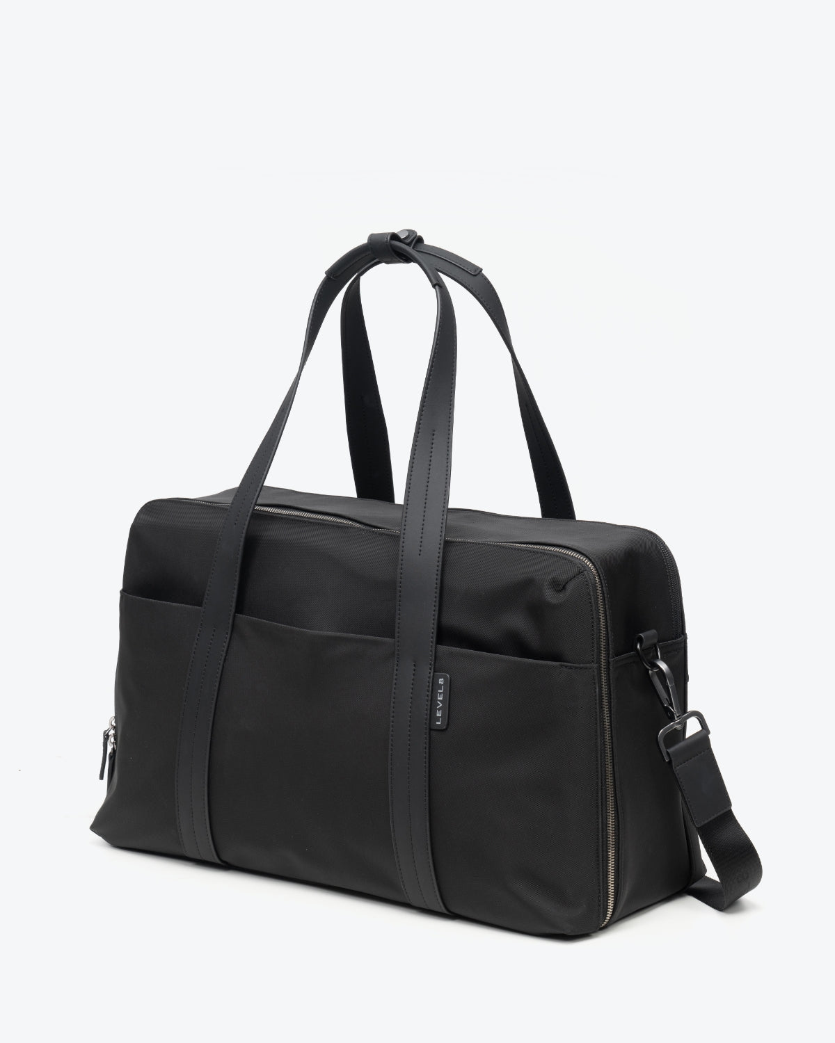 Three-quarter angle view of LEVEL8 CITYGO Weekender Bag in matte black