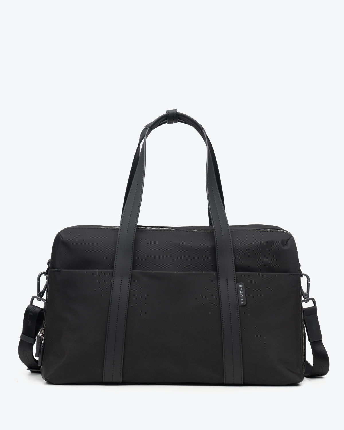 Front view of LEVEL8 CITYGO Weekender Bag in black with carry handles and strap